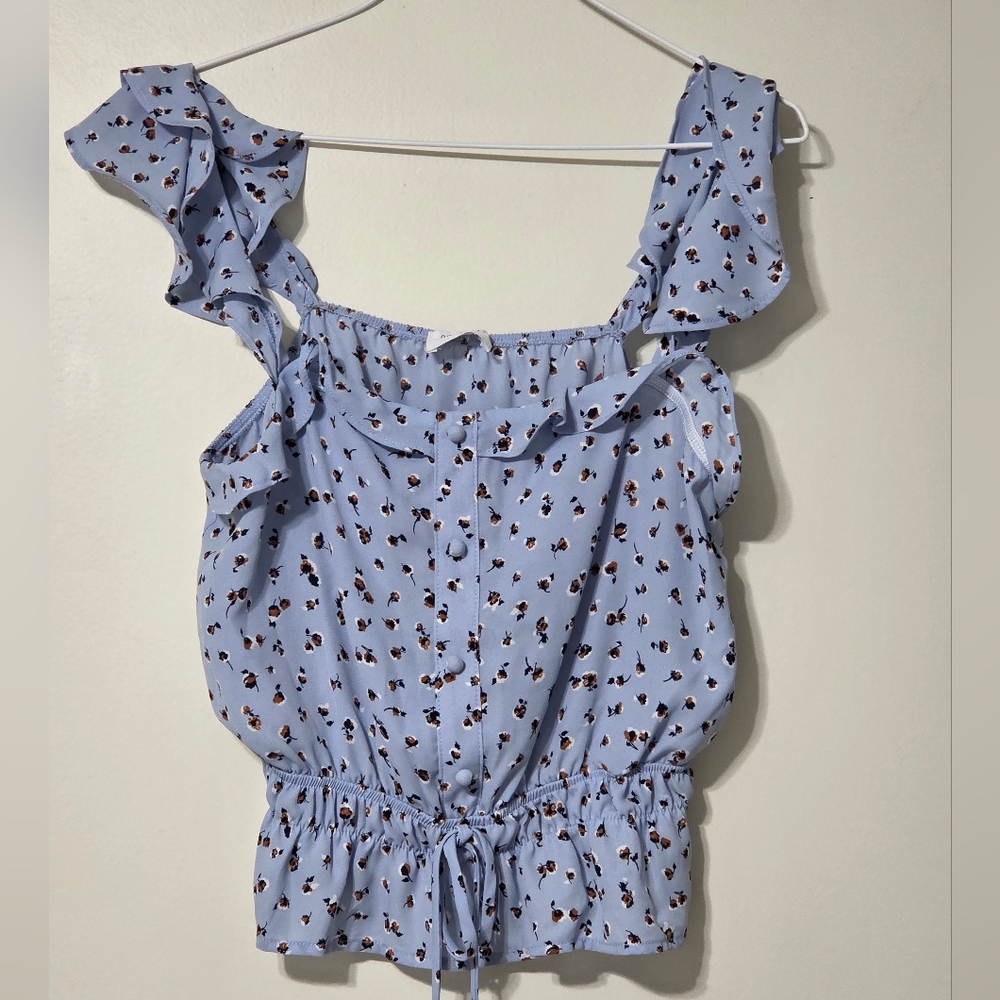 Light Blue Floral Ruffle Stetchy Tie-Front Feminine Peplum Crop Tank Top Small